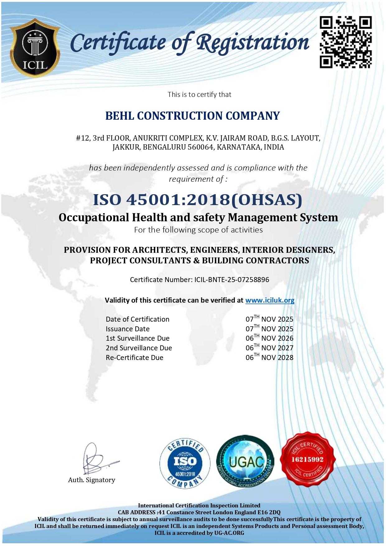 ISO 45001:2018 (OHSAS) - Occupational Health and Safety Management System certificate
